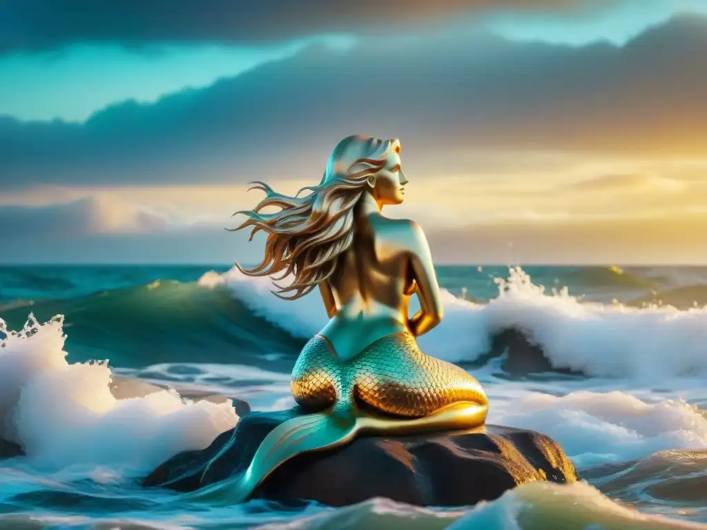 Escultura de sirena emergiendo del mar al atardecer La majestuosa escultura de una sirena emergiendo grácilmente de las olas al atardecer, reflejando las leyendas y mitología marina en las costas