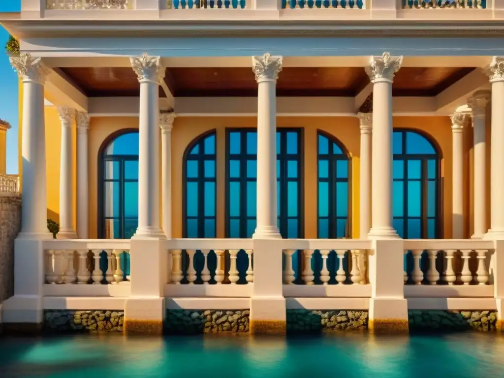 Mansión histórica junto al mar: detallada arquitectura Majestuosa mansión histórica frente al mar con detalles arquitectónicos intrincados y vistas al océano