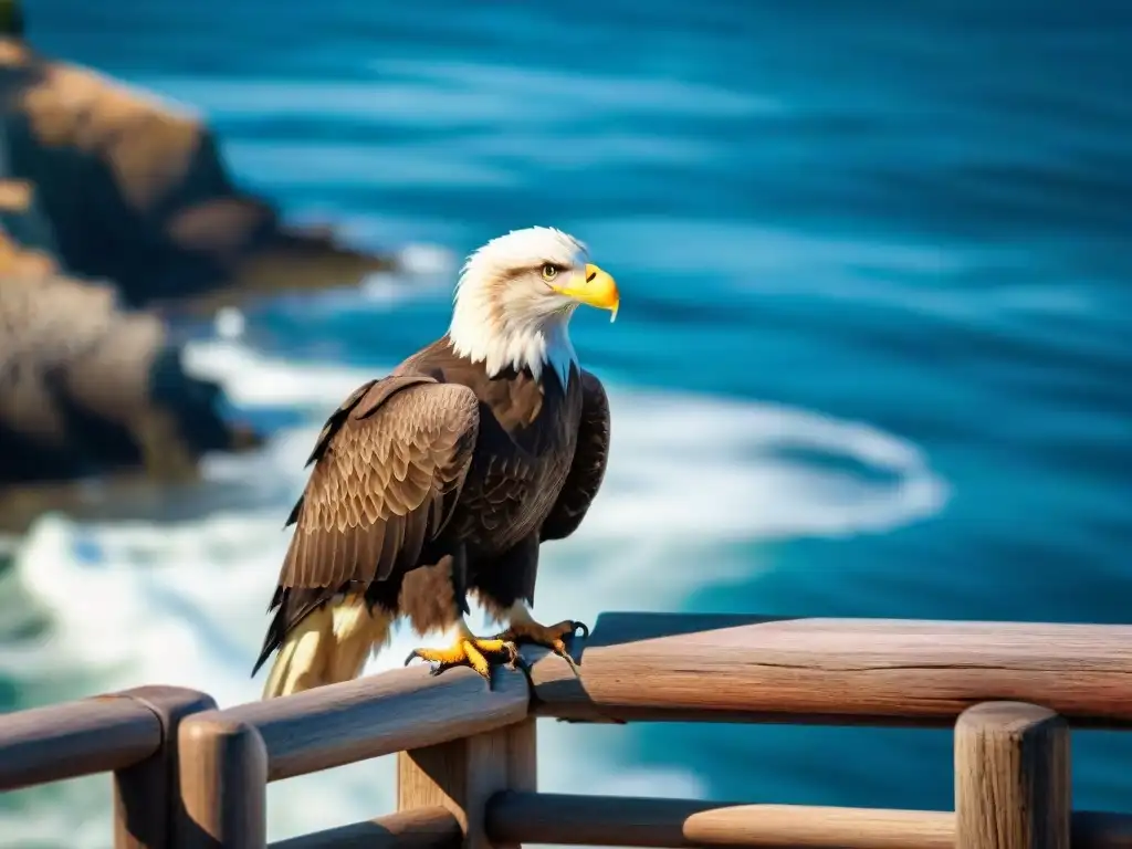 Águila calva majestuosa en la costa: detalle y poder Un águila calva majestuosa observa el horizonte desde una barandilla de madera en la costa