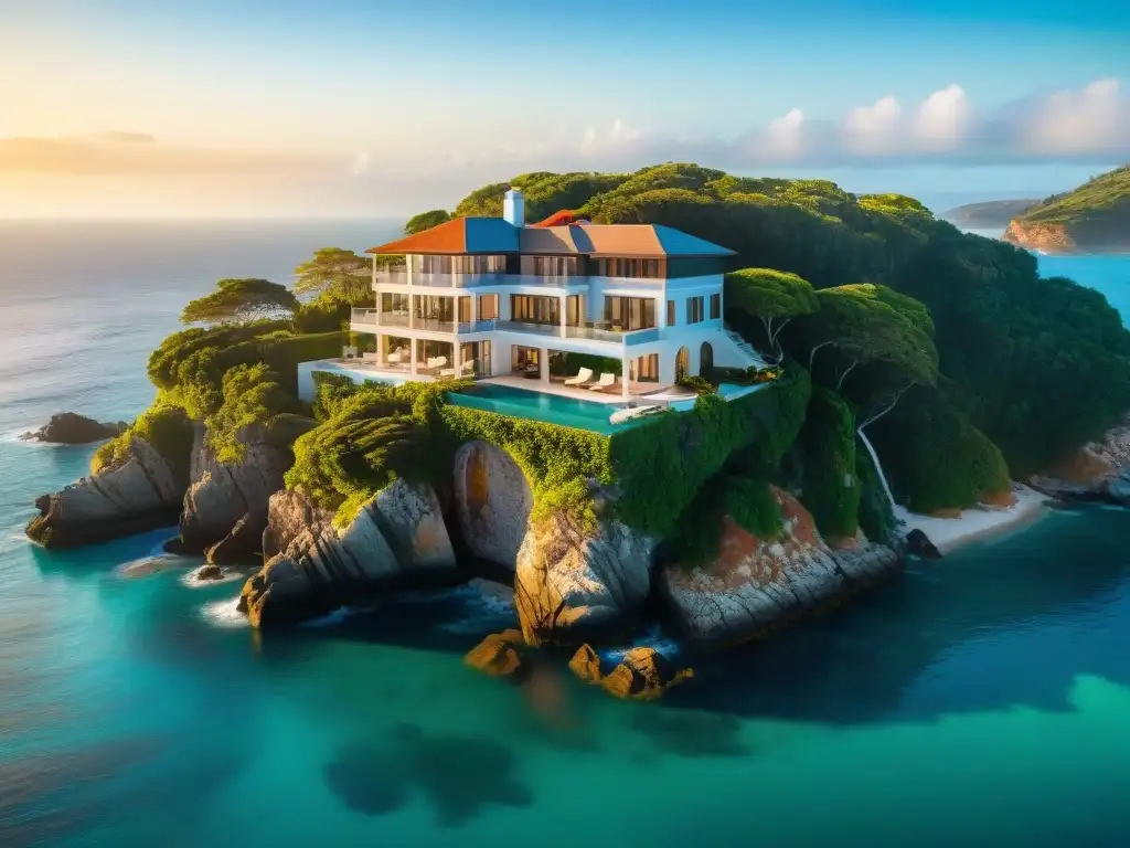 Vista aérea de mansión de lujo en acantilado junto al mar Una majestuosa mansión costera de lujo en un acantilado, rodeada de exuberante vegetación y vistas al mar