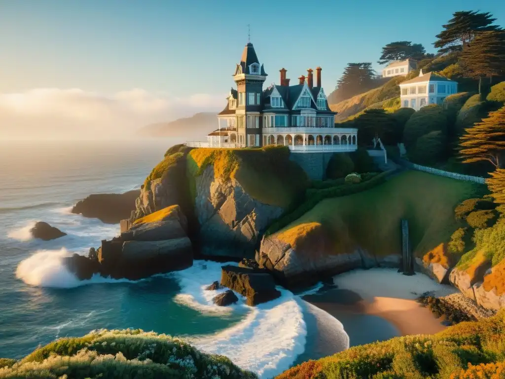 Majestuosa mansión victoriana en acantilado junto al mar Majestuosa mansión de estilo victoriano costero, con detalles arquitectónicos intrincados y vista al mar rocoso al atardecer