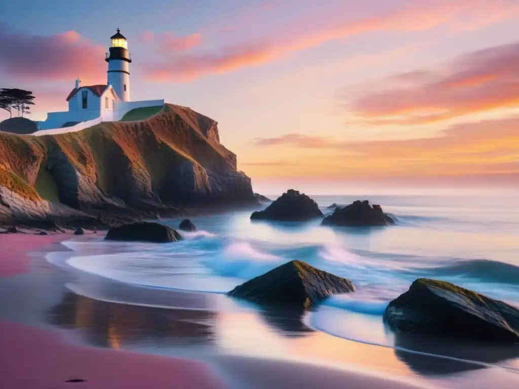 Silueta de faro histórico al amanecer en acantilados Fotografía de una majestuosa propiedad costera con la luz natural de un amanecer vibrante