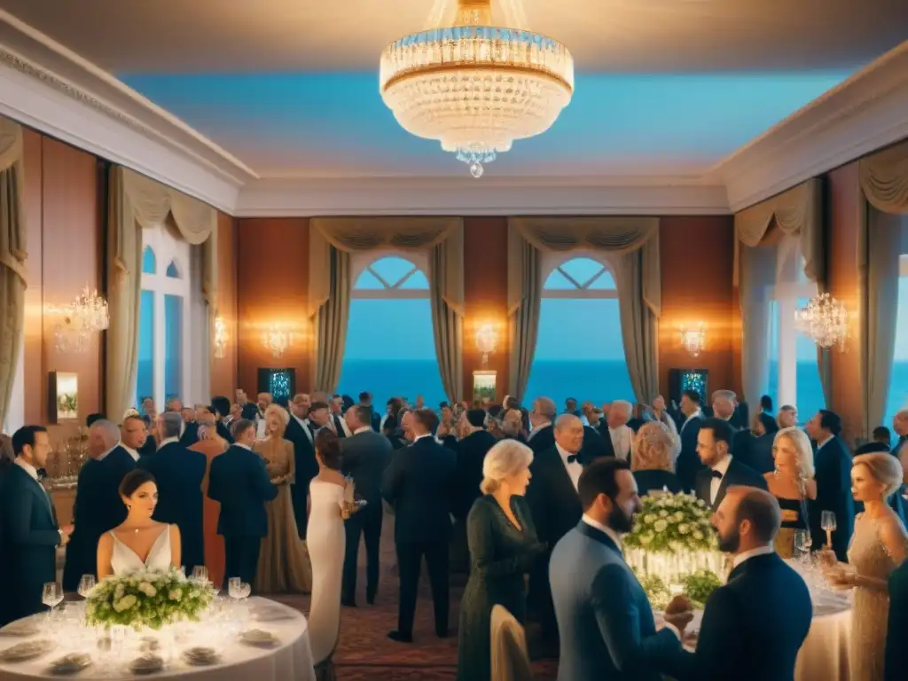 Subasta exclusiva en la costa: lujo y emoción Una majestuosa subasta costera exclusiva en un elegante salón con vista al mar, lleno de lujo y emoción