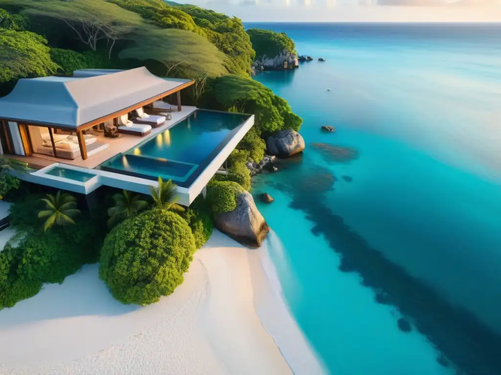 Villa de lujo frente al mar: atardecer dorado en paraíso tropical Una majestuosa villa frente al mar con vistas panorámicas, rodeada de exuberante vegetación tropical