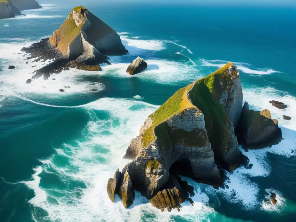 Costa salvaje: majestuosidad y poder del mar contra acantilados La majestuosidad de las costas naturales: oleaje rompiendo en acantilados