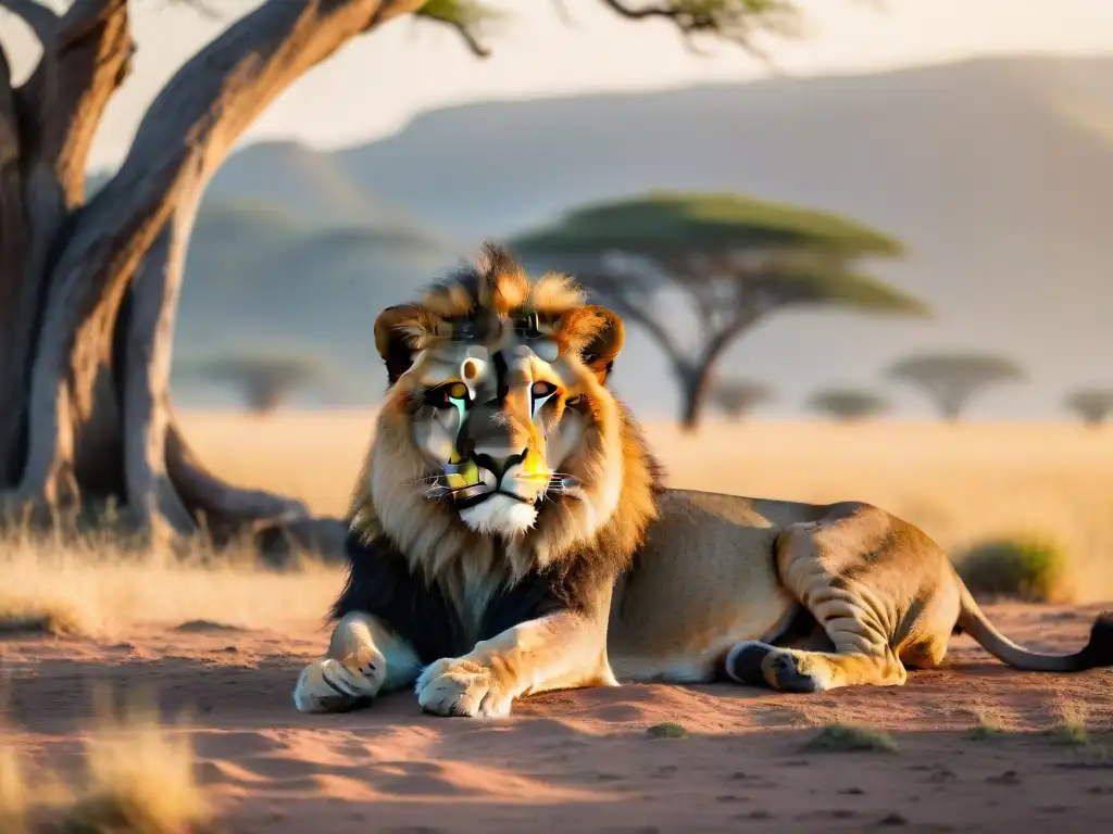 León majestuoso descansando en la sabana sudafricana al atardecer Un majestuoso león descansa bajo un árbol en la sabana sudafricana al atardecer, reflejando tranquilidad y poder