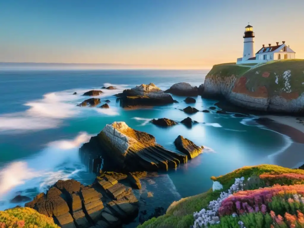 Costa rocosa al atardecer: Seagulls, acantilados y faro Un majestuoso atardecer en la costa rocosa con reflejos dorados, seagulls en el cielo y un faro histórico al fondo