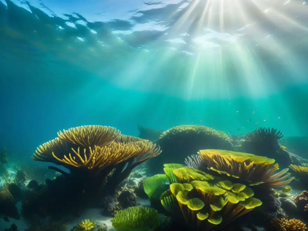Explora la asombrosa diversidad de un bosque de algas submarino Majestuoso bosque de algas marinas costeras iluminado por el sol, destacando la importancia de las algas costeras en el ecosistema marino