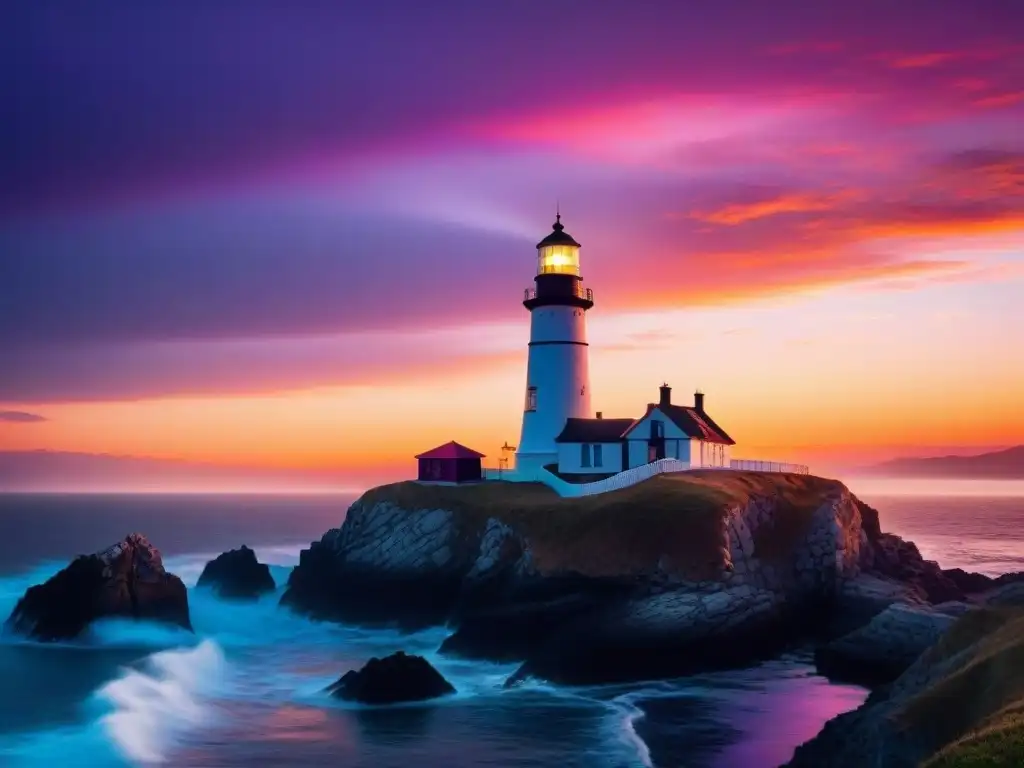 Faro costero: silueta antigua en atardecer vibrante El majestuoso faro costero se yergue orgulloso contra el cielo en llamas al atardecer, exudando historia y misterio