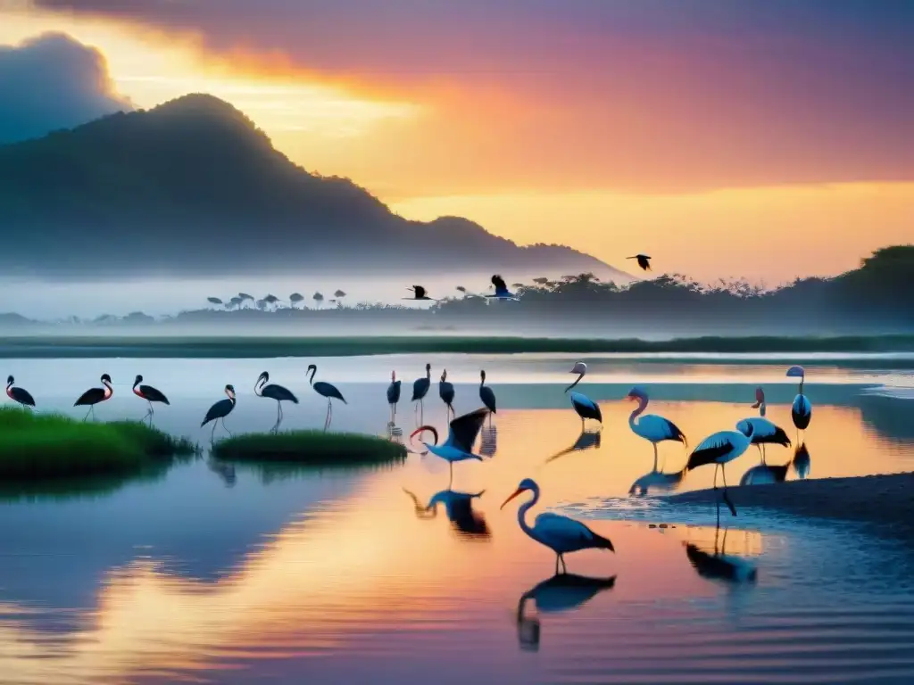 Armonía aviar: aves costeras en vuelo al atardecer Un majestuoso vuelo de aves costeras en su hábitat natural