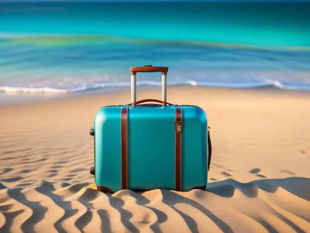 Maleta de lujo en la playa: elegancia y sofisticación Maleta de alta gama para costa en la playa de lujo, con aguas turquesas cristalinas y sol brillante