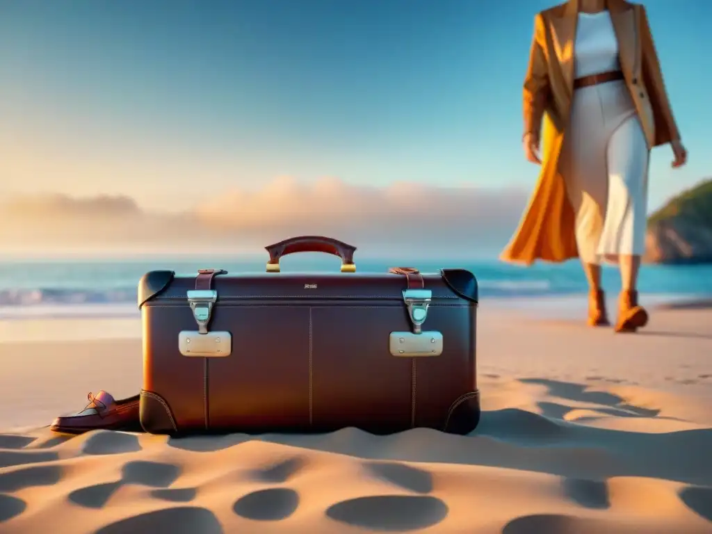 Maleta de lujo en la playa: moda costera premium Maleta de alta gama para costa: lujo en la playa con ropa y gafas de diseñador al atardecer
