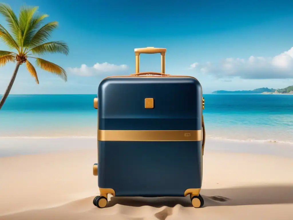 Maleta de lujo para destinos costeros: diseño sofisticado en azul y detalles dorados Una maleta de alta gama para costa en azul navy y detalles dorados, abierta para revelar un interior espacioso y elegante, frente a una playa serena
