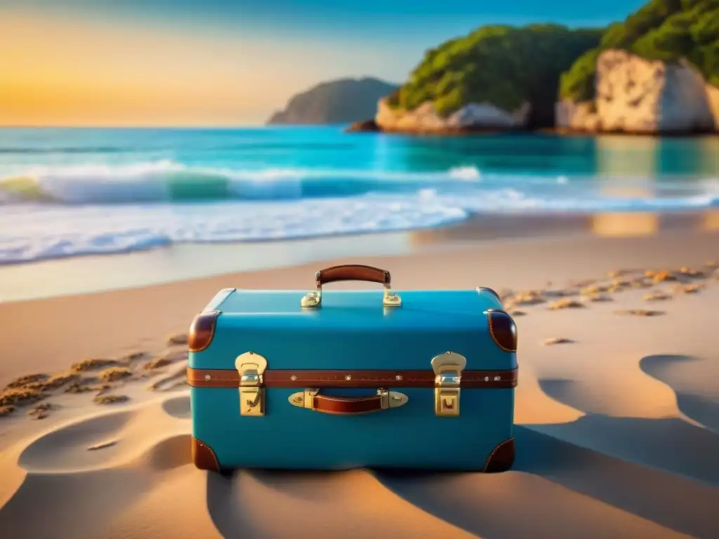 Maletas de lujo en la playa al atardecer Maletas de alta gama para costa: Conjunto lujoso de maletas en la playa al atardecer, bajo una luz dorada