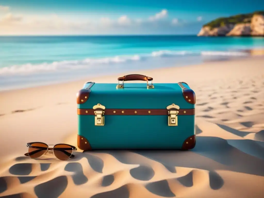 Maleta de cuero de diseñador en playa de lujo Maletas de alta gama para costa: Diseño lujoso en la playa con detalles elegantes y accesorios sofisticados