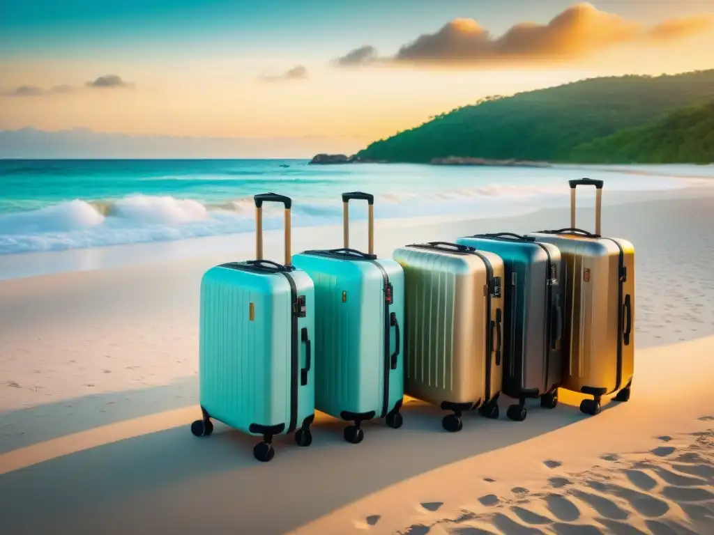 Equipaje de lujo en paraíso costero Maletas de alta gama para costa: Elegancia y lujo en la playa al atardecer con aguas turquesas y arena blanca