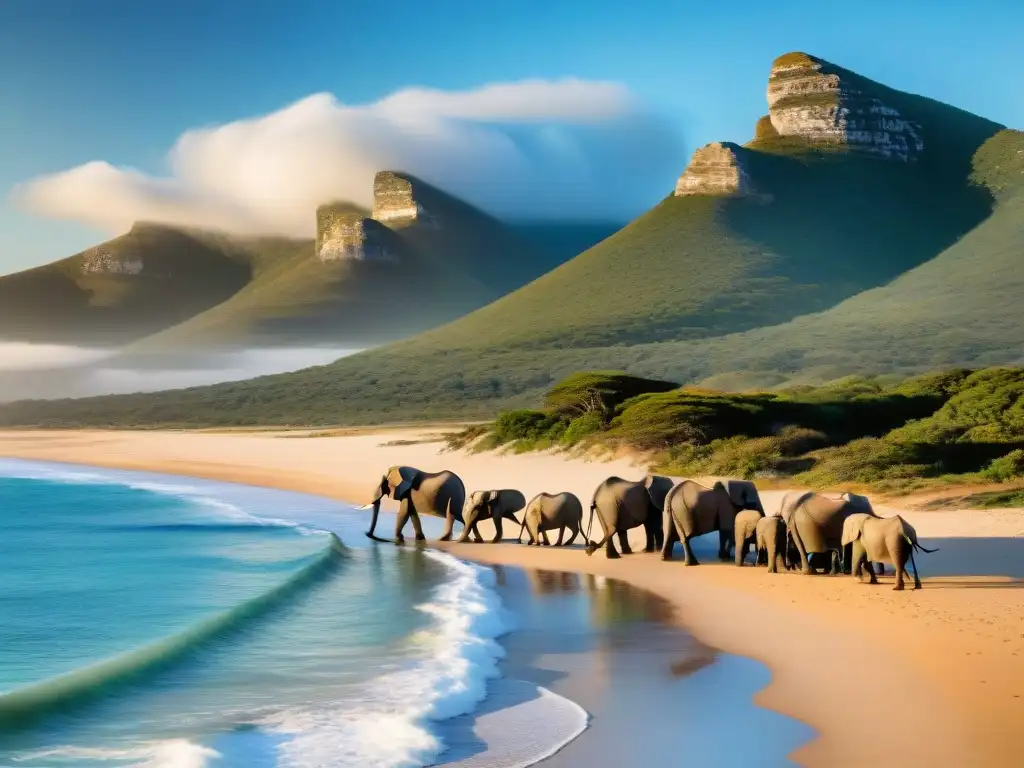 Elefantes majestuosos paseando por la playa dorada de Sudáfrica Manada de elefantes paseando por la playa dorada de Sudáfrica