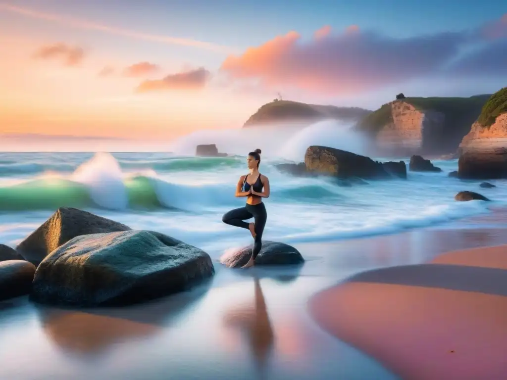 Esencia de tranquilidad: amanecer vibrante en la costa Mañana vibrante en la costa: olas suaves, gaviotas en el cielo anaranjado, yoga en la playa