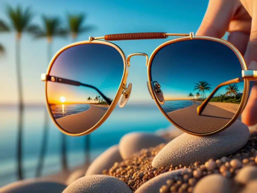Pulido experto de gafas de sol de diseñador en la playa Mano puliendo delicadamente gafas de sol de diseñador en la playa