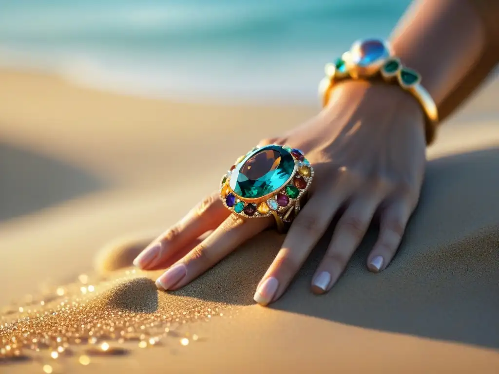 Anillo de diseño exclusivo en mano de modelo frente al mar Mano de modelo con anillo de diseñador y gemas brillantes sobre olas y arena dorada