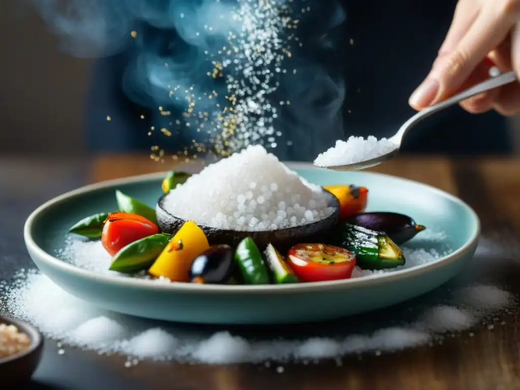 Sal marina: delicada adición a plato de verduras a la parrilla Mano espolvoreando sal marina sobre vegetales a la parrilla, resaltando los beneficios de la sal marina en la cocina diaria