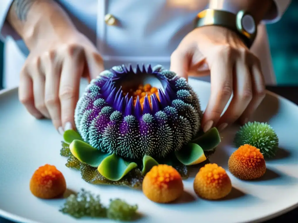 Chef experto prepara exquisito erizo de mar púrpura en escena submarina Manos de chef colocando erizo de mar en plato blanco con ingredientes exóticos marinos