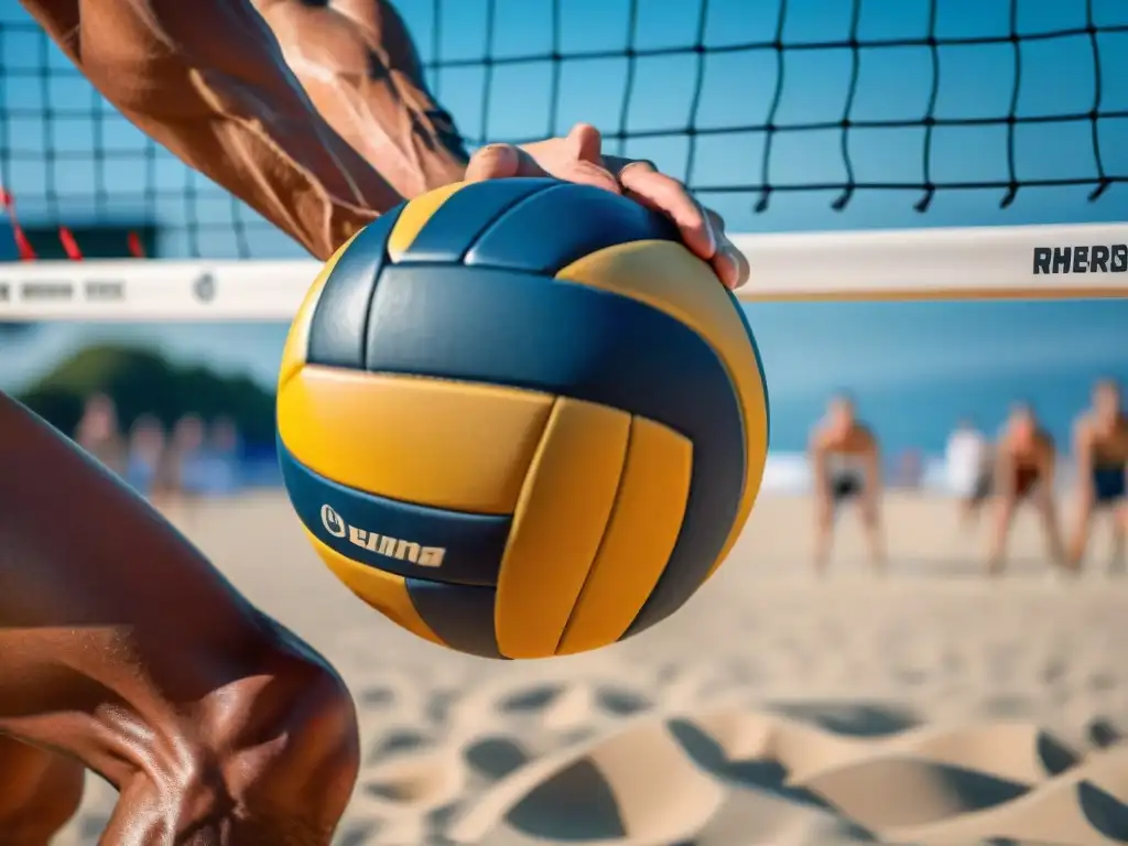 Detalle profesional: Servicio potente en vóley playa Manos concentradas en el balón para potente saque en beach volleyball