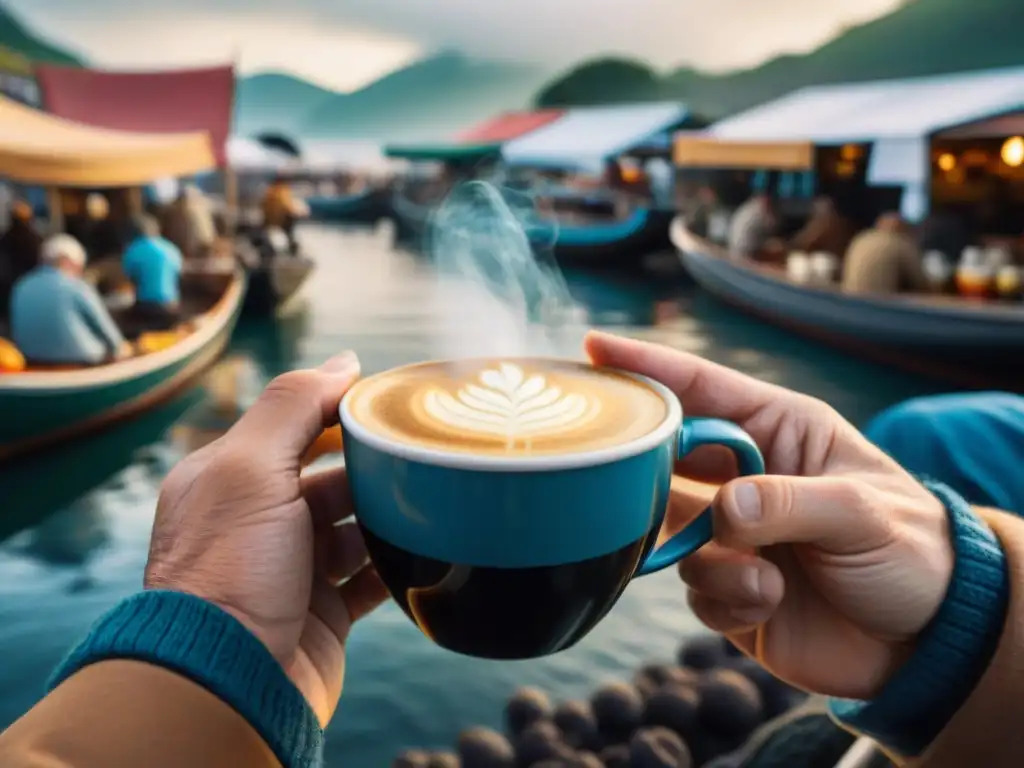 Manos de pescador con café fresco en mercado costero Las manos curtidas de un pescador sostienen una taza de café recién hecho, con vapor