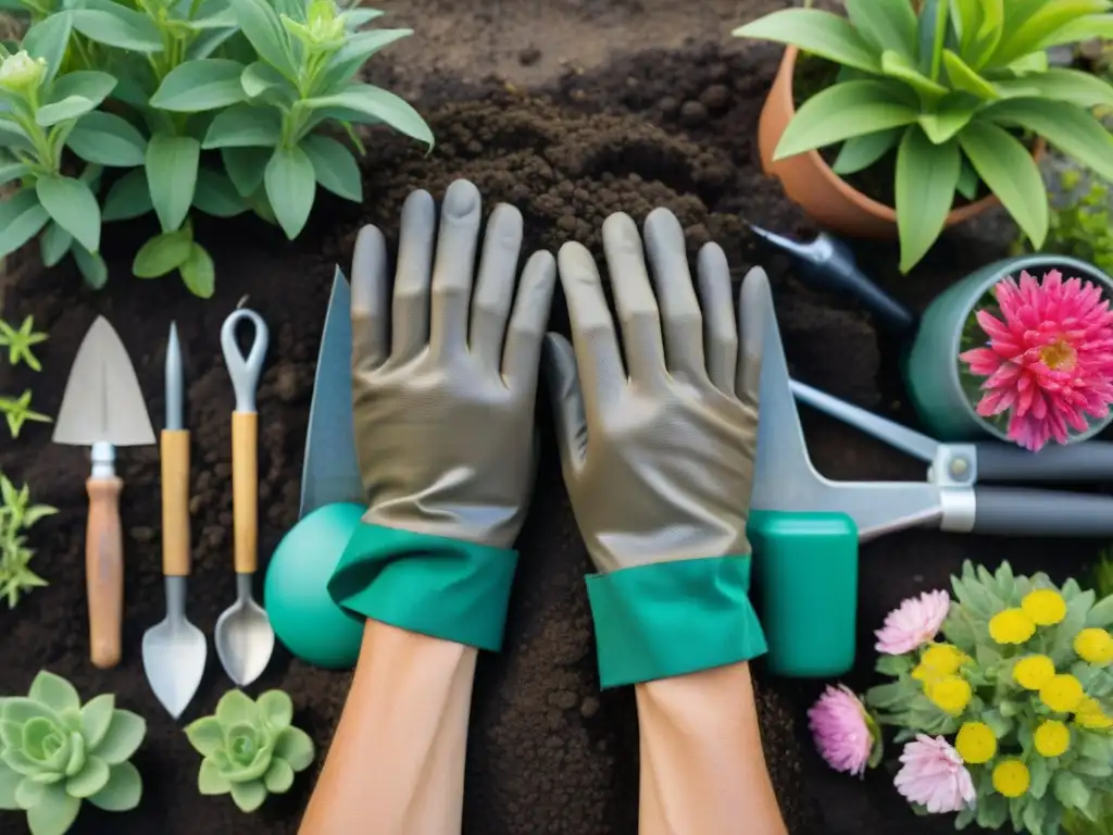 Manos de jardinero junto al mar: herramientas y naturaleza costera Manos envejecidas por el trabajo, sosteniendo herramientas de jardinería en un jardín costero exuberante