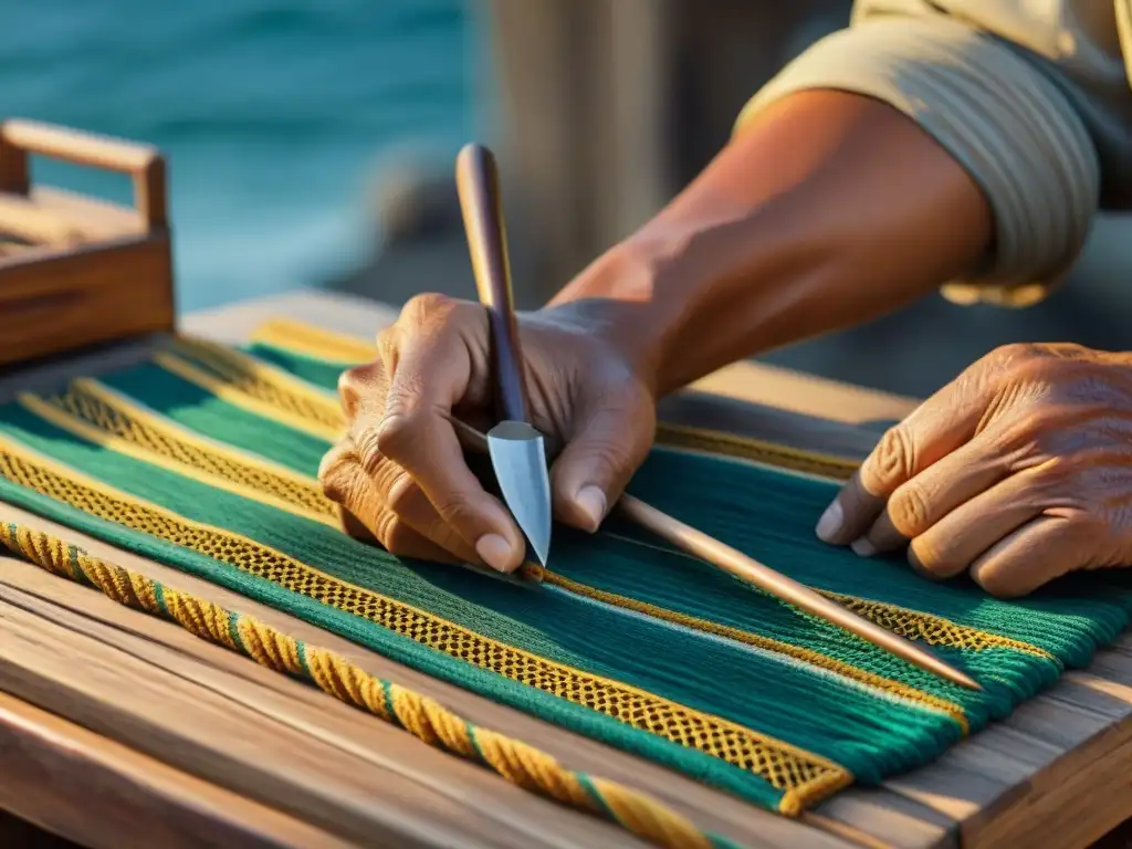 Manos expertas crean artesanías costeras auténticas con patrones vibrantes y colores, invocando la dedicación y destreza necesarias