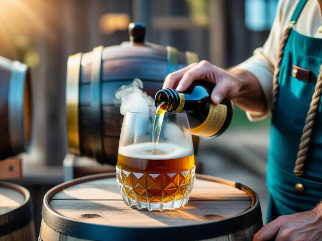 Artesanía costera: manos expertas crean bebida tradicional junto al mar Manos expertas elaborando bebidas costeras tradicionales marítimas con cuerdas y barriles viejos al fondo, evocando la herencia marítima