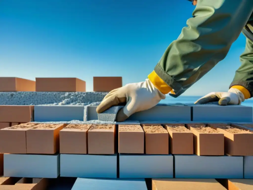 Construcción costera: manos expertas edificando junto al mar Manos expertas construyen casa en la costa bajo el cielo azul, reflejando el préstamo para construir casa costa
