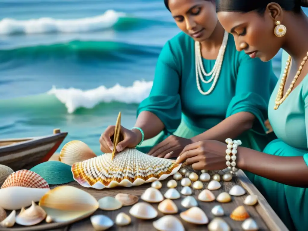 Artesanos costeros creando joyas de conchas Manos expertas tejiendo joyas de conchas y perlas en pueblo costero