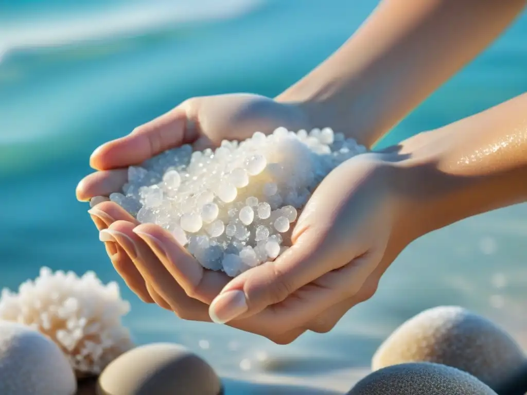 Exfoliación marina: manos aplicando scrub de sal para una piel radiante Manos de mujer aplicando suavemente exfoliante de sal marina, resaltando beneficios agua de mar piel en entorno playero sereno