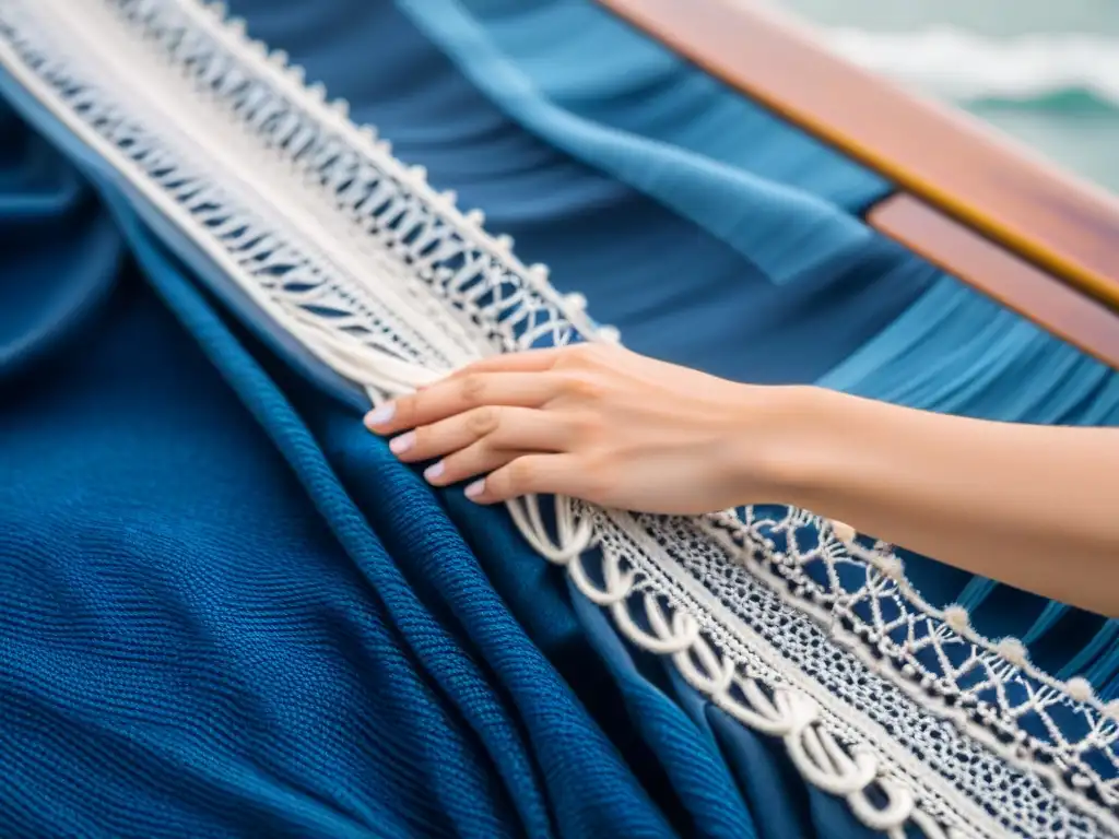 Tejido artesanal: creando el mar en tela Manos tejiendo telas inspiradas en el mar, capturando la esencia del océano