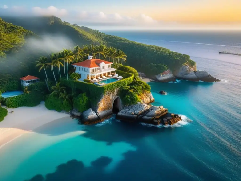 Mansión de lujo en acantilado: vista aérea al atardecer Una mansión costera de lujo en un acantilado con vistas al mar, rodeada de vegetación exuberante y palmeras meciéndose