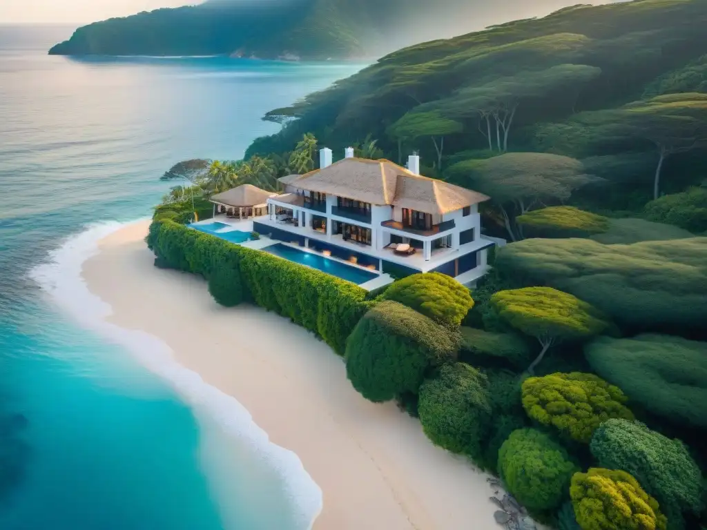 Residencia costera de lujo: exclusividad y opulencia junto al mar Una mansión costera de lujo rodeada de exuberante vegetación y el mar, ideal para los propietarios de las mejores pólizas residencia costera