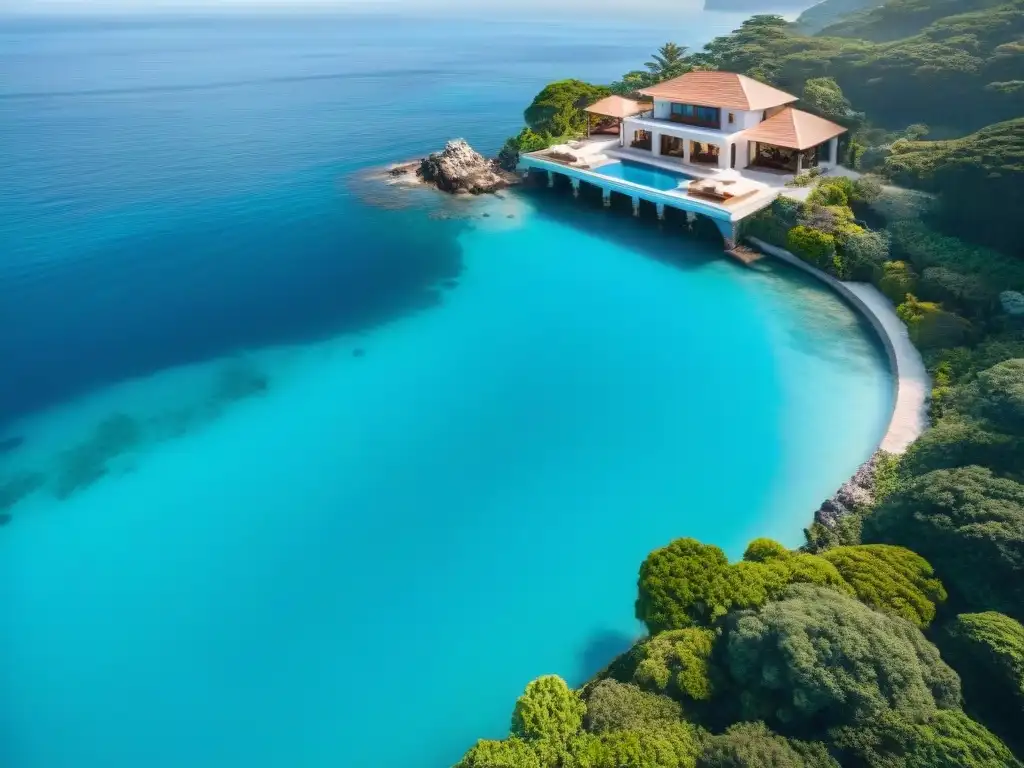 Residencia costera de lujo frente al mar Una mansión costera de lujo rodeada de exuberante vegetación y aguas cristalinas, con terraza, piscina infinity y vistas al mar