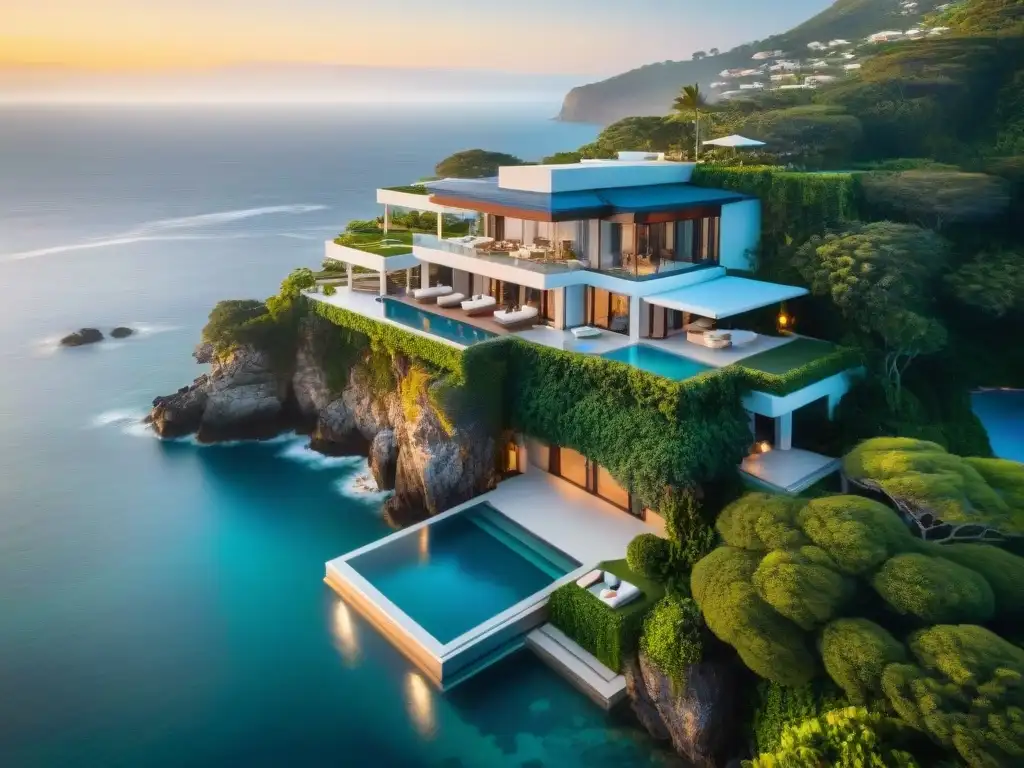 Residencia de lujo en acantilado con piscina infinita y helipuerto Una mansión costera de lujo seleccionada, con moderna arquitectura y piscina infinita, en un acantilado con vista al mar azul profundo al atardecer