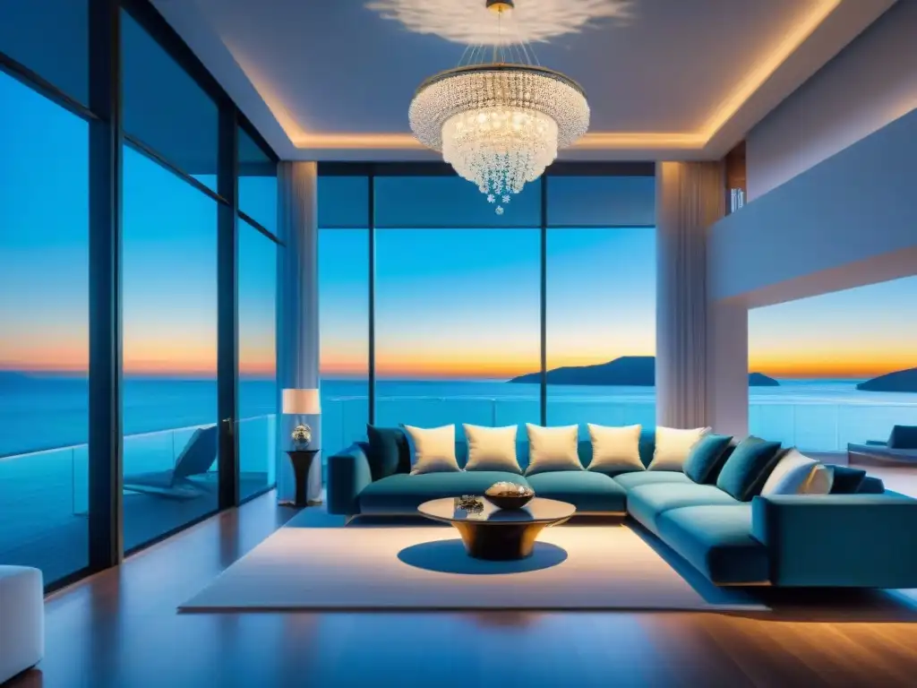 Residencia costera de lujo con vistas al mar y decoración náutica elegante Una mansión costera de lujo con ventanales al mar y decoración elegante, iluminada por la cálida luz del atardecer