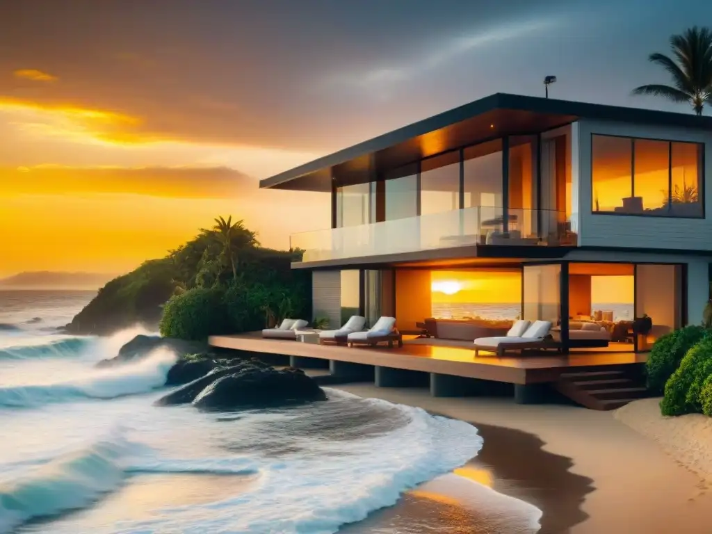 Residencia lujosa con vista al mar al atardecer: para amantes del surf Una mansión de lujo en la playa con surfistas, ventanales y palmeras al atardecer
