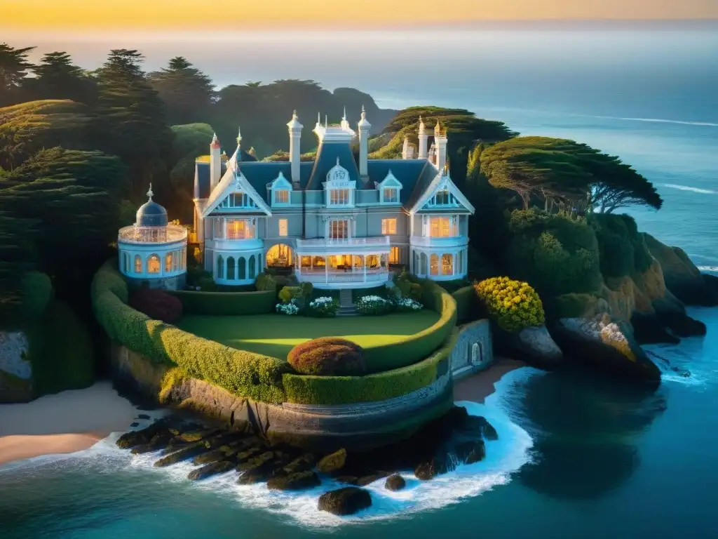 Esplendor costero: Mansiones victorianas bañadas por el sol Mansiones de estilo victoriano costeras bañadas por la luz dorada del atardecer, rodeadas de exuberantes jardines y el mar