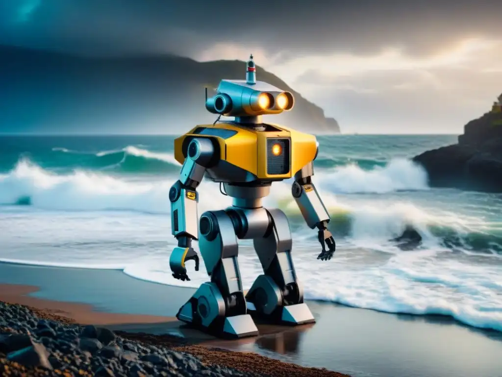 Robot costero del futuro inspeccionando y reparando estructuras Robotización del mantenimiento costero futuro: Robot autónomo inspeccionando y reparando estructuras en la costa en medio de un paisaje tormentoso