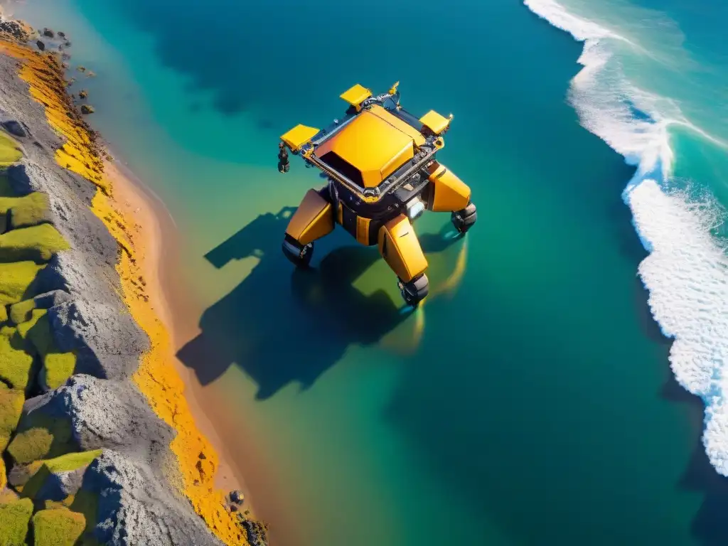 Robot costero del futuro en acción Robotización del mantenimiento costero futuro: robot avanzado trabajando en la costa con tecnología y vida marina