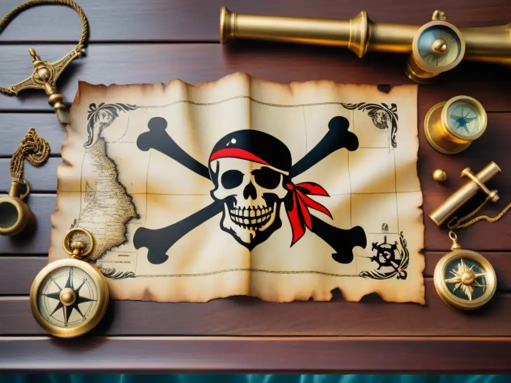 Mapa del tesoro pirata: aventuras en alta mar Un mapa del tesoro de pirata desgastado sobre una mesa de madera, rodeado de una brújula, un telescopio, una pistola y una bandera Jolly Roger