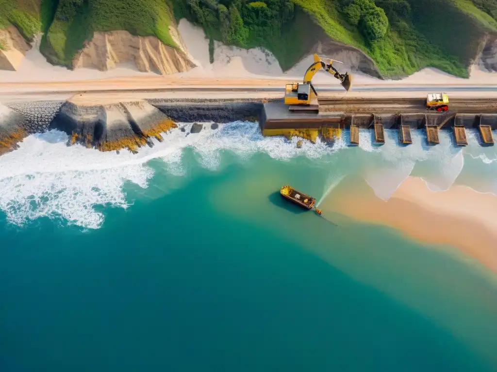 Construcción de seawall: maquinaria y trabajadores en acción Maquinaria y trabajadores construyendo un muro de contención en la costa, destacando los desafíos de la construcción costera