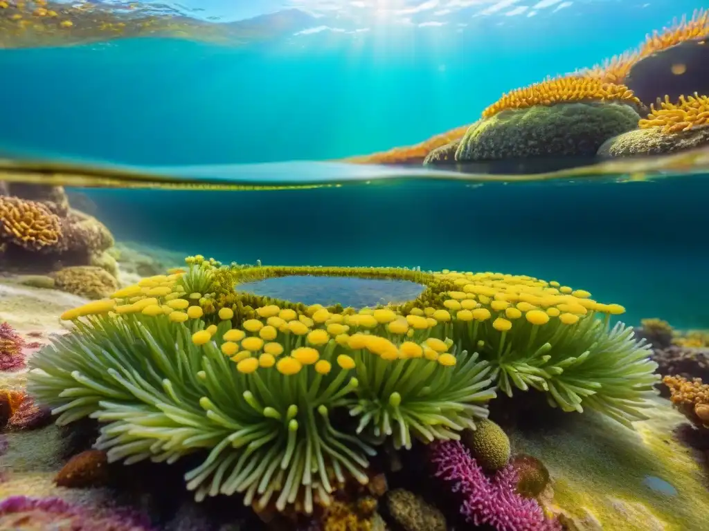 Maravilloso ecosistema de marea: anémonas, cangrejos y algas en aguas cristalinas Maravillosa calma en la vida marina: anémonas, cangrejos y algas en un ecosistema de piscina de marea