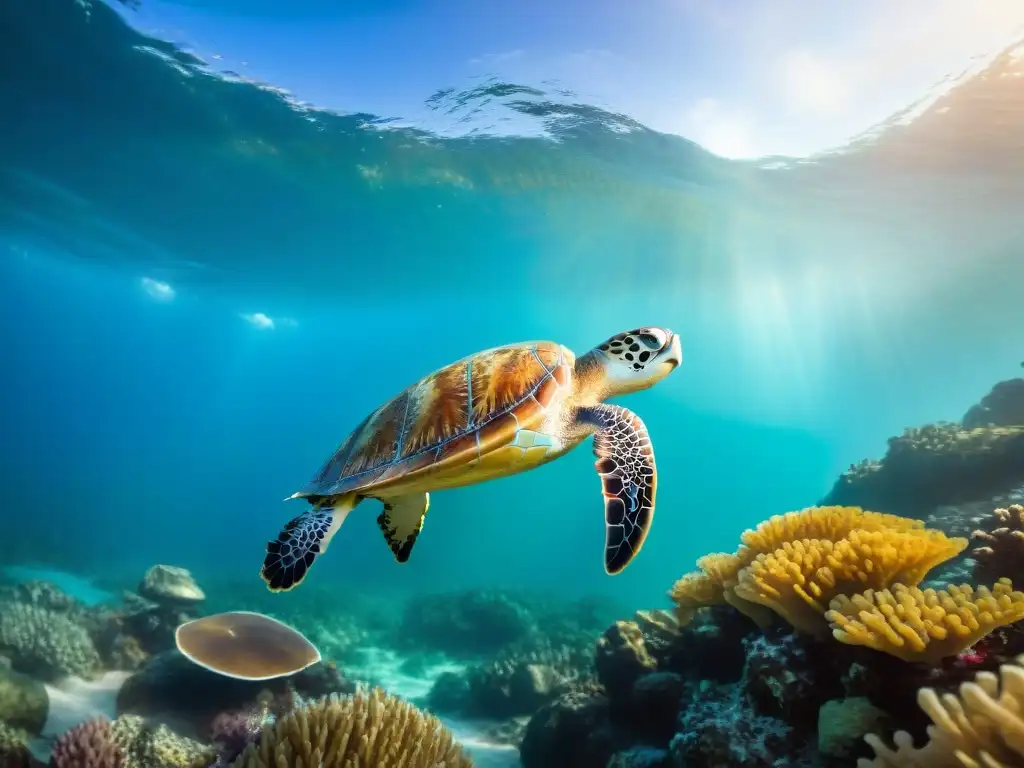 Armonía marina: Vida en arrecifes de coral y biodiversidad costera Maravillosa biodiversidad costera: arrecifes coloridos, peces, tortugas y plantas marinas en armonía