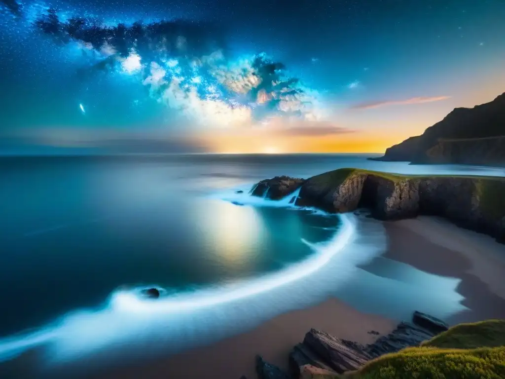Costa salvaje bajo la Vía Láctea: una noche de maravillas Maravillosa observación de estrellas en la costa bajo la Vía Láctea