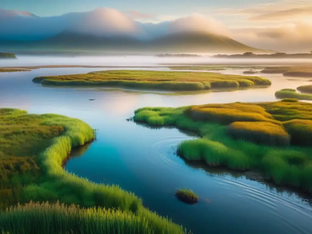 Estuario al atardecer: biodiversidad y tranquilidad Maravillosa imagen detallada de un estuario al atardecer, resaltando la biodiversidad y la Importancia de los estuarios marinos